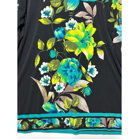 Susan Graver Liquid Knit Split Neck Tunic Floral Teal Blue Green 3/4 Sleeve Sz L - Picture 9 of 11